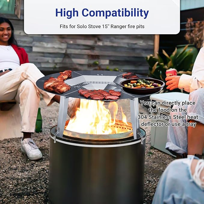 Heat Deflector Fit for Solo Stove Ranger 15", 304 Stainless Steel Heat Diffuser for Ranger Fire Pit with Grill Gloves & Fix Hoop, Capture and Redirect Warmth, Camping Accessory
