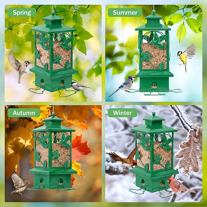 Bird Feeders for Outdoors Hanging, Metal Squirrel Proof Bird Feeder, Large Capacity and Weatherproof, Easy to Clean and Fill, Attracting Finch, Cardinal, Blue Jay; Green