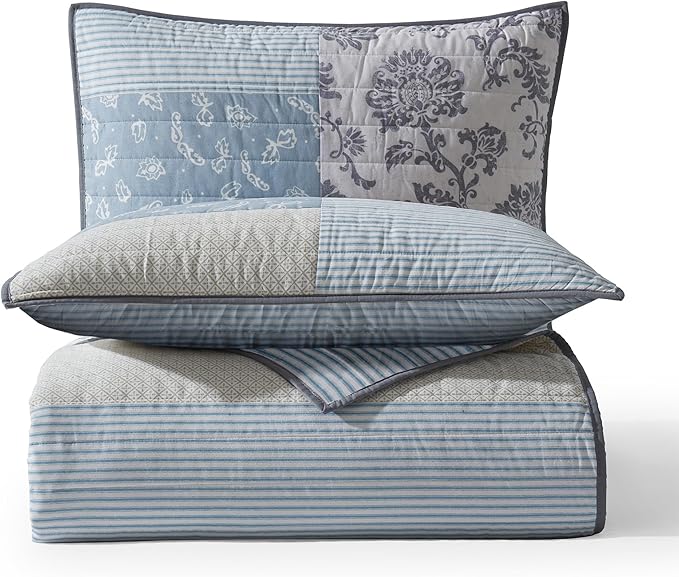 Wonderful 100% Cotton Patchwork Quilt King Size, Blue Beige Floral Stitch Bedding, Farmhouse Reversible Soft Pre-Washed Rustic Coverlet Bedspread for All Season 106"x94"