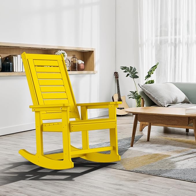 GREENVINES Outdoor Rocking Chairs | Set of 4 | Porch Rocker | HDPE Plastic | Yellow | Oversized Rockers | High Back | Big & Tall | Ladder Back | for Patio Outside Backyard Balcony Garden
