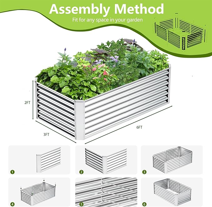 6x3x2FT Galvanized Raised Garden Bed Kit, Galvanized Planter Raised Garden Boxes Outdoor, Large Metal Raised Garden Beds for Vegetables-Silver