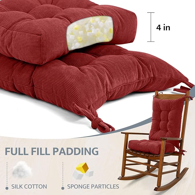 mudilun Rocking Chair Cushion Set - Non-Slip Tufted Rocking Chair Cushions with Ties Soft Indoor/Outdoor Wooden Rocking Chair Seat Pad for Porch Garden Cafe & Nursing