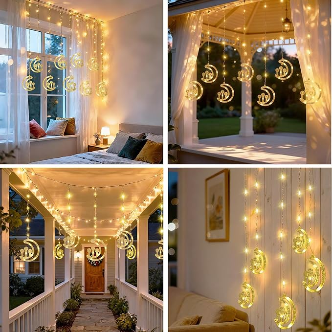 Vigdur Moon Ramadan Curtain Lights, 120 LEDs Warm White Eid Mubark Ramadan Curtain Fairy Lights with Remote & 8 Lighting Modes, Ramadan Decoration Lights for Home Holiday Eid Decorations(10FT)