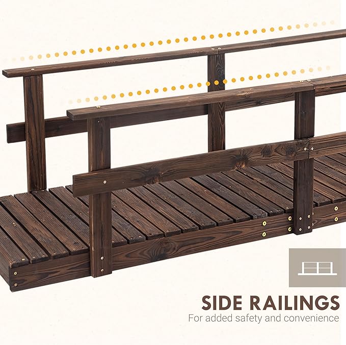 Outsunny 7' Wooden Garden Bridge with Safety Rails, Backyard Footbridge for Ponds, Creeks, Streams, Stained Finish