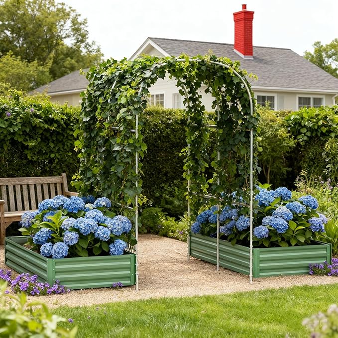 SUNYRISY Galvanized Raised Garden Bed with 87" H Arch Trellis for Climbing Plants Outdoor, Large Metal Planter Box with Netting for Gardening Flowers Vegetables Fruit, Green