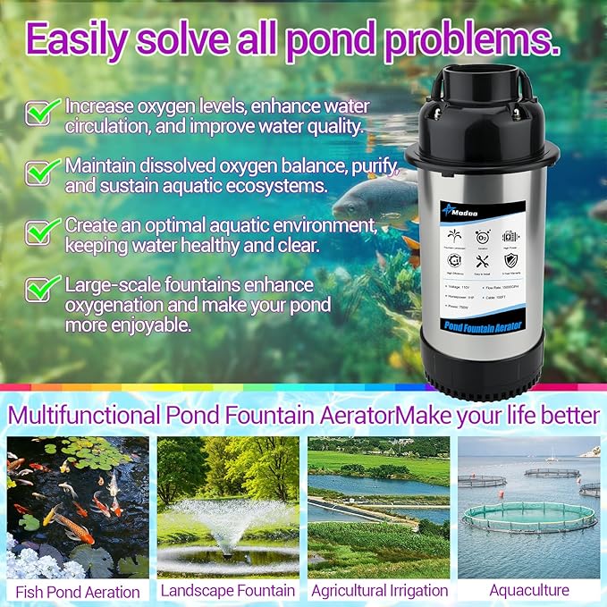 Pond Fountain Aerator, 1HP 750W Floating Fountain Aerator System for Outdoor Small Large Pond Lake, 110V 15000 GPH Fully Automatic Stainless Steel Fountain Pump with 100 Feet Power Cord