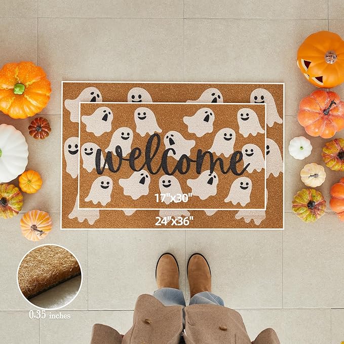Halloween Door Mat Spooky Ghost Welcome Mat for Front Door Outdoor Entrance Doormat Coir Dirt Trapper with Non Slip Backing, 17x30, Welcome Ghost