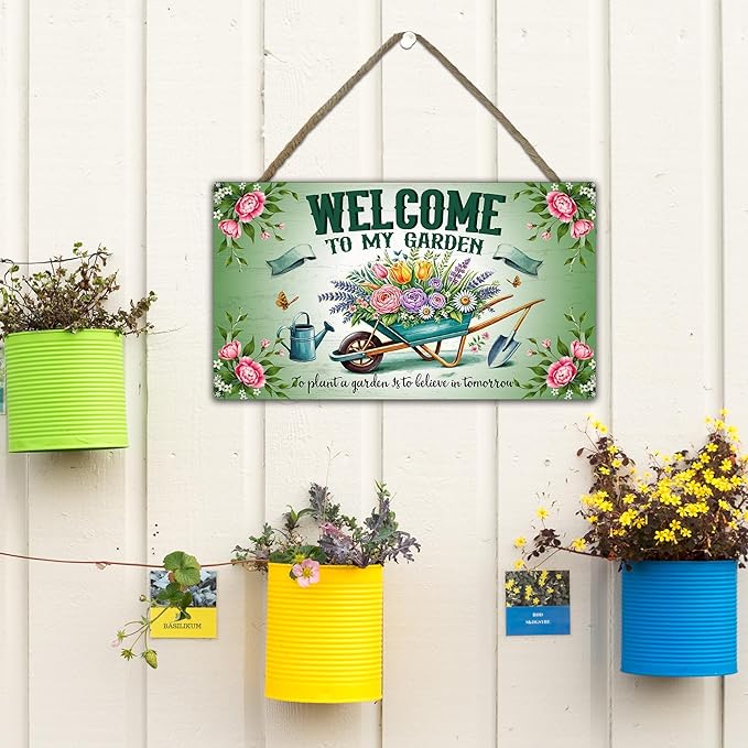 Welcome To My Garden Sign - Green Wooden Hanging Spring Decor for Country Rustic Garage Home Farmhouse Wall Fence Decor Garden Gift for Mothers, Grandmas, and Plant Lovers -A01