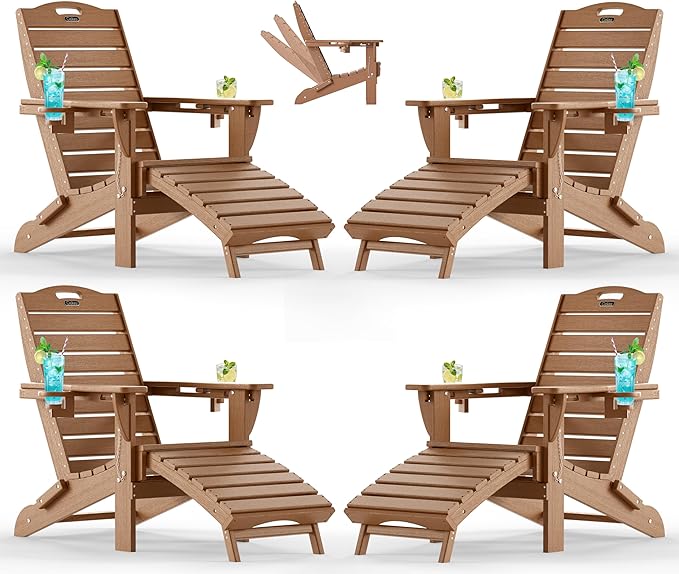 Ciokea Folding Adirondack Chair Set of 4 with Retractable Ottoman Fire Pit Patio Chair with Pull Out Foot Rest Weather Resistant Lawn Outdoor Chair with 2 Cup Holder (Teak)