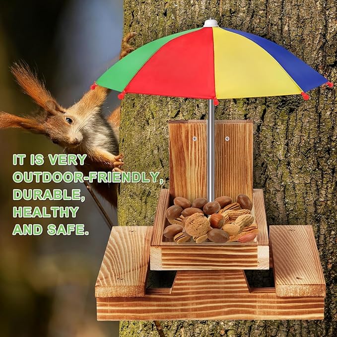 Gnodary Squirrel Feeder with Umbrella, Squirrel Feeders for Outside, Squirrel Picnic Table Feeder - Chipmunk Feeder Hold Corn, Corn Cob, Peanuts Style2 (Red)