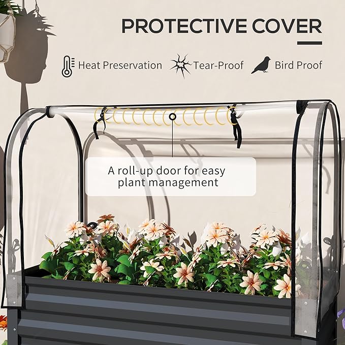 Outsunny Raised Garden Bed with Cover and Storage Shelf, Rectangular Metal Elevated Planter Box with Legs and Bed Liner for Vegetables, Flowers, Herbs, Dark Gray
