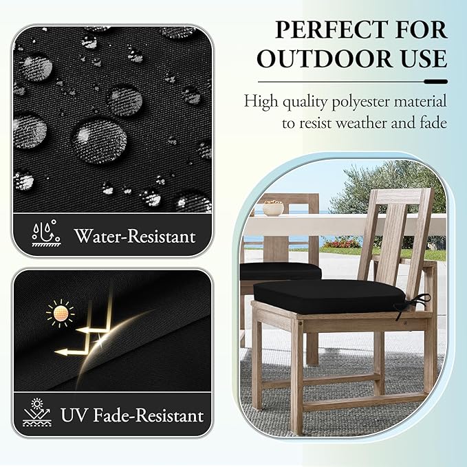Wellsin Outdoor Chair Cushions for Patio Furniture - Patio Chair Cushions Set of 6 - Water Resistant Round Corner Outdoor Seat Cushions 17"X16"X2", Black