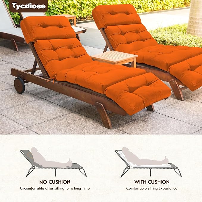 Waterproof Outdoor Chaise Lounge Cushion 74.4 x 22 x 4.7 Inches Memory Foam Lounge Chair Cushions for Outdoor Furniture with Ties, Thickened Pool Chaise Lounge Chair Cushions, Orange