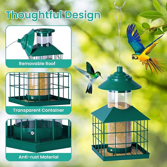 Hanging Bird Feeders for Outdoors, Maansfy Squirrel Proof Large Bird Cage Feeders Metal Wild Birdfeeder for Outside Weatherproof Finch Cardinal Bird Seed Feeder 3.4LB Capacity