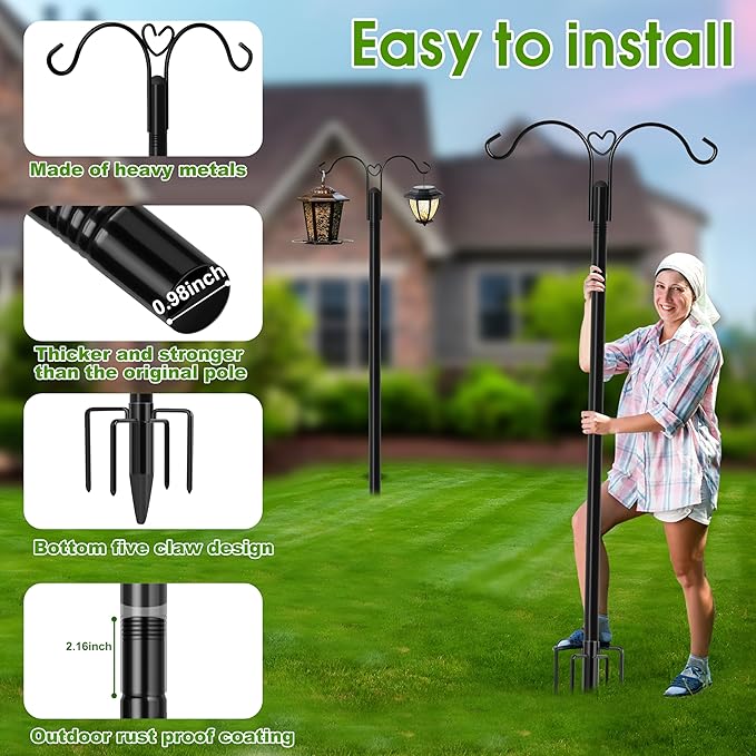 XDW-GIFTS Shepherds Hooks for Outdoor, 2-Pack 60 Inch Heavy Duty Bird Feeder Pole, Garden Pole for Hanging Plants, Lantern, Hummingbird Feeder, Hanging Plant Stand with 5 Base Prongs