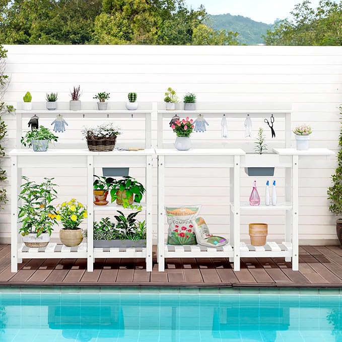 SERWALL Outdoor Potting Bench with Removeable Sink,Rot-Resistant HDPE Potting Table for Outside Gardening, All Weather Use - White