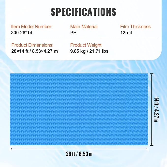 VEVOR Solar Pool Cover, 28 x 14 ft Rectangle Solar Cover 12 mil for Pools, Inground Above Ground Swimming Pool Solar Blanket with Bubble, Heat Retaining Solar Covers Blue