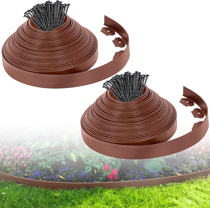 2-Inch x 100 FT Landscape Edging Border with 150 Spikes, Plastic Edging for Landscaping Garden Edging Border, Flexible Landscaping Edging for Garden Flower Beds Yard Lawn Pathway Paver (Brown)