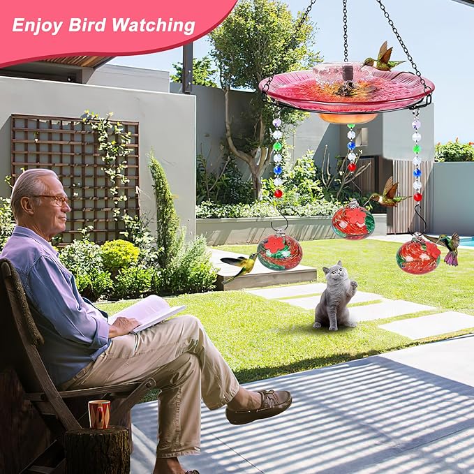Hummingbird Feeder Glass with Hanging Bird Bath for Outside Combo Set,12 Fluid Ounces,Solar Hummingbird Bath with Fountain (11inch),Backyard, Patio Garden Yard Decoration (Red)