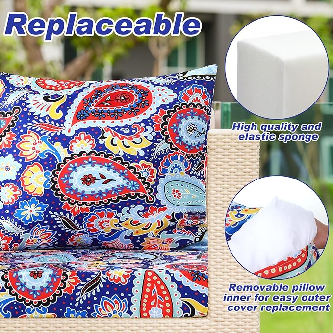 Hoteam 4 Set Outdoor Chair Patio Cushions Deep Seat Waterproof Chair Cushions 20 x 20 Inch for Patio Furniture Set Replacement Removable Seat and Back(Paisley)