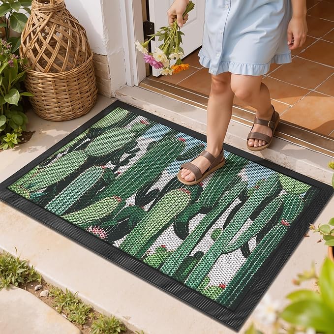 LUMI Outside Door Mat 24x36, Non Slip Rubber Backing Doormat, Low Profile Easy Clean Entrance Mats for Front Back Door Entryway Porch Garage, Cactus