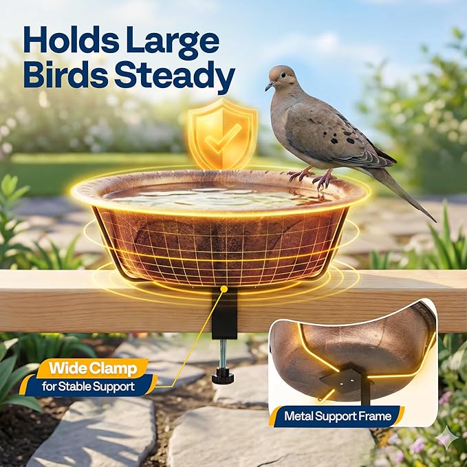 VIVOHOME Deck Mounted Bird Bath for Outside, Weather-Resistant ABS Bird Bath and Feeder with Adjustable Metal Clamp for Railing, Fence, Balcony, 1.45 Gallons, Bronze