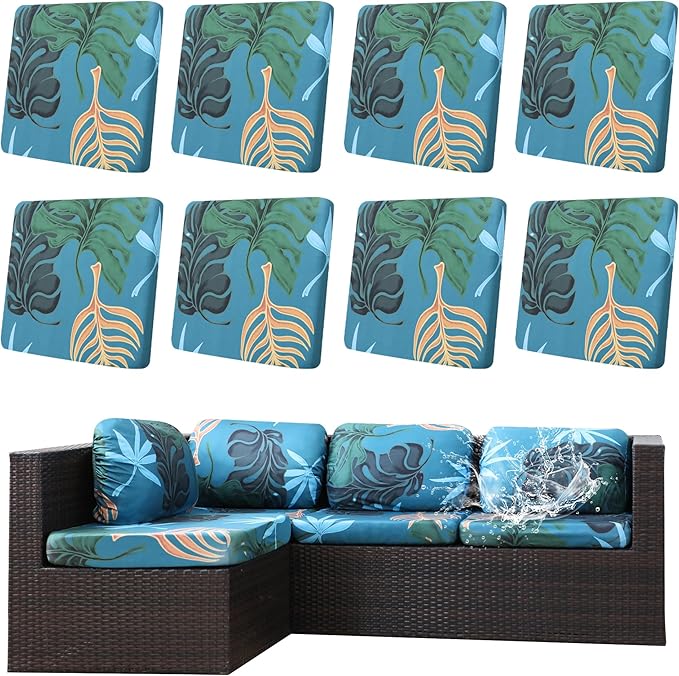8Pcs Outdoor Cushion Covers, Patio Cushion Covers,Stretch Elastic Slipcovers, Replacement Washable & Reusable Furniture Protector for Patio Couch (Cool-Pattern,Cover Only)