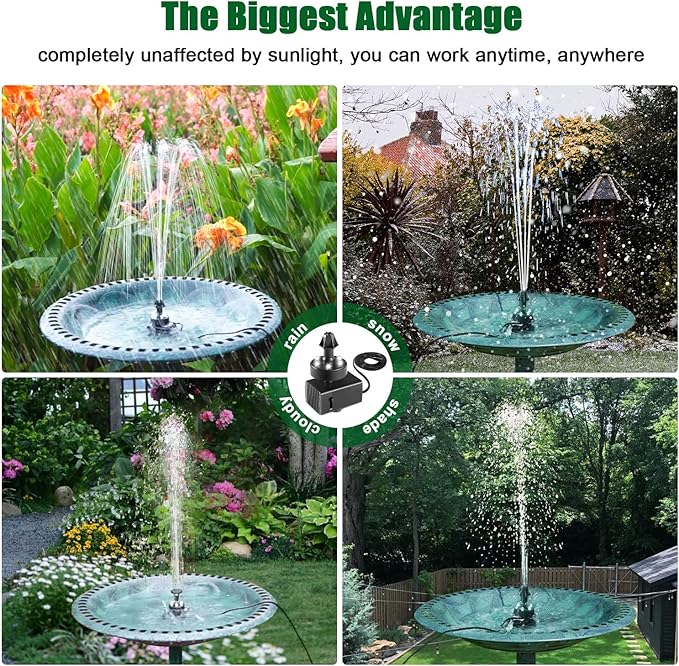 SZMP Bird Bath Fountains, Upgraded 24-Hours Working Bird Bath Fountain Pump with Light & 7 Nozzle, 16.4Ft Power Cord & Adapter, Adjustable Water Pump for Garden, Pond, Fish Tank, Outdoor (White)