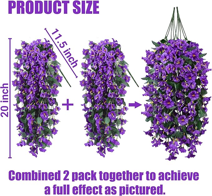 Sggvecsy Artificial Fake Hanging Flowers Plants for Outdoor Outside Spring Summer Decoration 4PCS Faux Silk UV Resistant Realistic Morning Glory Trailing Vines for Home Porch Patio Balcony(Purple)