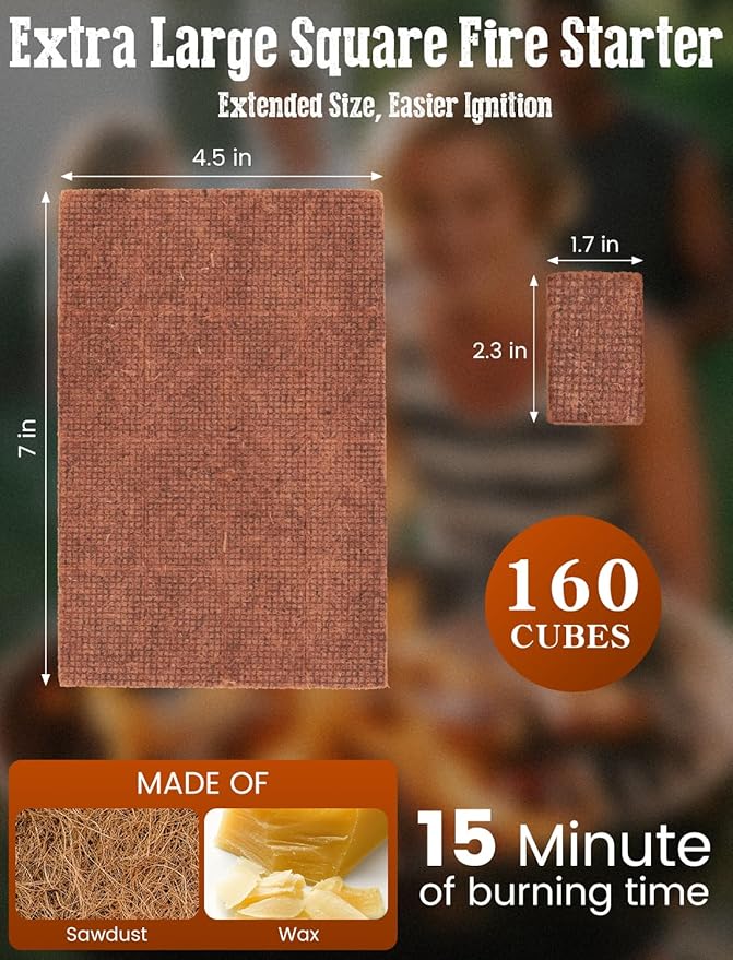 E500 Fire Starter for Campfires, Fireplace, Fire Pits, BBQ, Grills, Larger Charcoal Fire Starter Squares, 160-Count Firestarter, Chimney Charcoal Starter
