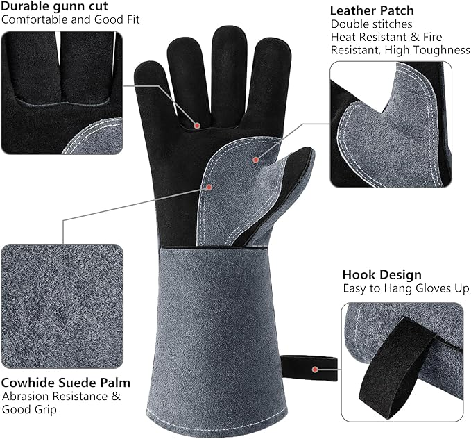 OZERO Welding Gloves for Men, 14-Inch Cowhide Leather Heat Resistant Work Gloves, EN388 EN407 EN12477 Type A Certified, Reinforced Palm, Insulated Lining, Long Cuff for BBQ Grill Oven, Gray