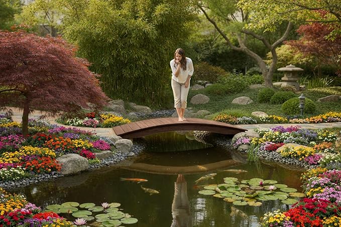 6 FT WALNUT Amish Made Pinewood Heavy Duty Garden Bridge for Walkway, Backyard Pond & Landscaping, Outdoor Wooden Footbridge for Koi Pond, Japanese Style Decorative Bridge, Made in USA