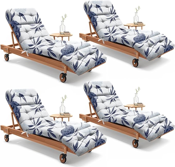 4 Pack Outdoor Chaise Lounge Chair Cushion 75.1 x 22.8 x 4.7 Inches 100% Waterproof Replacement Cotton Patio Pool Lounge Chair Cushion for Outdoor Furniture with Ties, Blue Enchantress