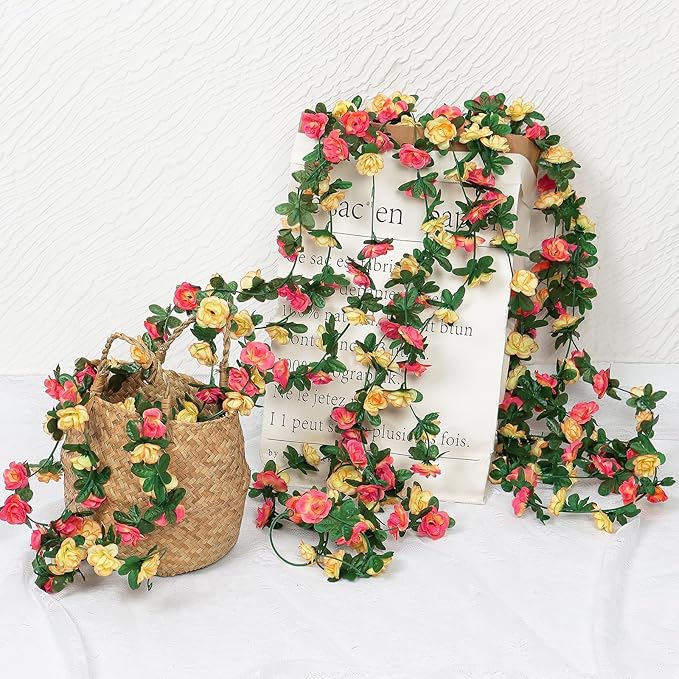 KHOYIME 9 Pack 72 FT Artificial Flower Garland, Fake Champagne Roses Vines Silk Flowers Faux Outdoor Hanging Floral Ivy Garland Decoration for Wedding Arch Bedroom Home Wall Backdrop Room Decor