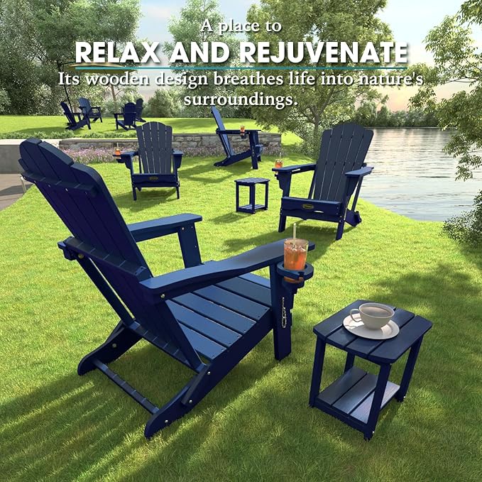 Folding Adirondack Chair Set of 2,HDPE All-Weather Outdoor Chair with Cup Holder,Wooden Textured,Fire Pit Chair,Plastic Patio Chair for Deck,Backyard,Garden,Lawn(Navy Blue)