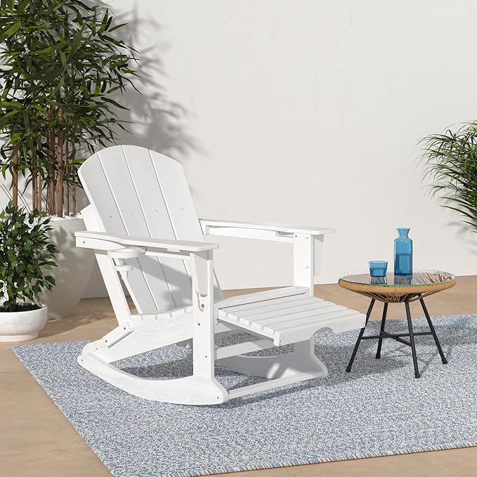 KINGYES Adirondack Rocking Chair Set of 4 with Retractable Ottoman and Cup Holders, HDPE Adirondack Rocker Patio Rocking Chair for Porch, Patio, Balcony, White