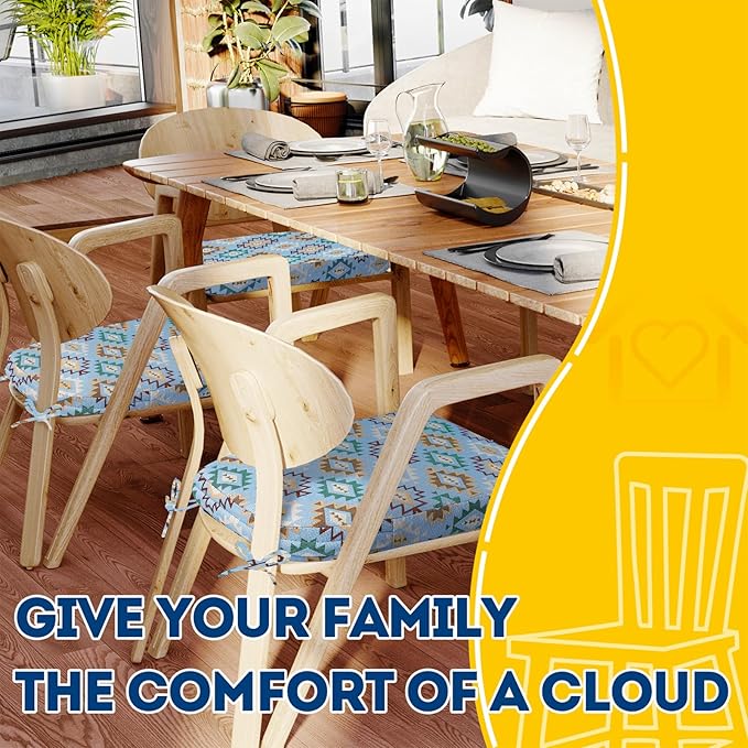AAAAAcessories D-Shaped Chair Cushions, 2" Thick Dining Chair Pads with Ties and Removable, Machine-Washable Cover, 17" x 16", Set of 4, Geometric Blue