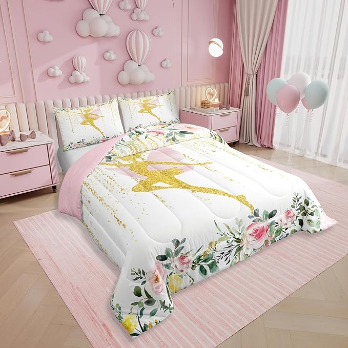 Erosebridal Fairy Garden Full Comforter Set,Cute Pink Floral Bedding Sets for Girls Kids,Dreamy Sweet Fairy Quilt Bed Set,Coquette Flower Girly Bedroom Decor,2 Pillowcases Reversible