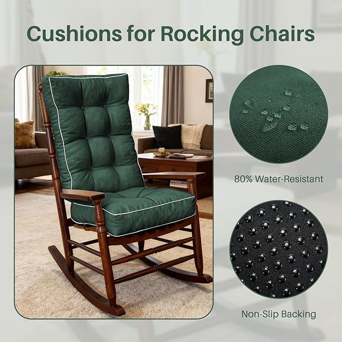 YZ HOME Rocking Chair Cushion, Set of Thicken Seat & Back Chair Cushions with Memory Foam, Non-Slip Chair Pad with Ties for for Indoor&Outdoor Rocker, Dark Green, 22x17x5/17x17x5