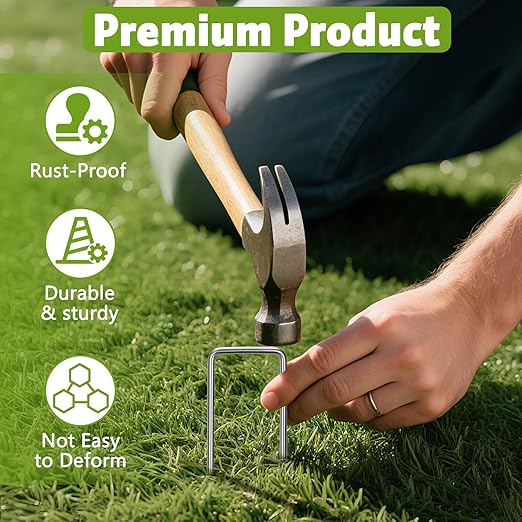 Heavy Duty 8 Inch Galvanized Landscape Staples Stakes, DUNPUTE 100 Pack 8 Gauge Garden Metal Stakes, Ideal for Weed Barrier Stakes, Drip Irrigation Tubing, Landscape Fabric, Lawn and Ground Securing