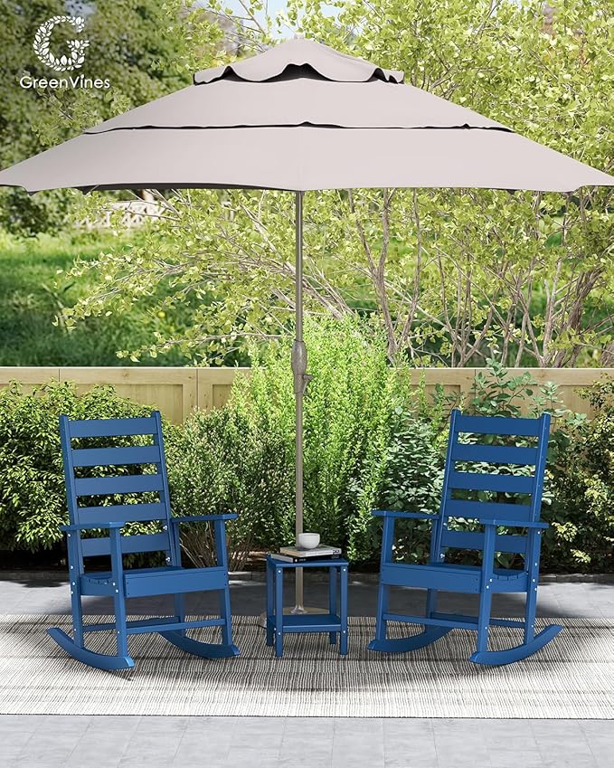GREENVINES Outdoor-Rocking-Chairs-Set-of-4 | HDPE Plastic | Patio Rockers | Porch Rocker Chair | Shaker | Oversized | High Ladder Back | Big & Tall | PentaLuxe | Blue