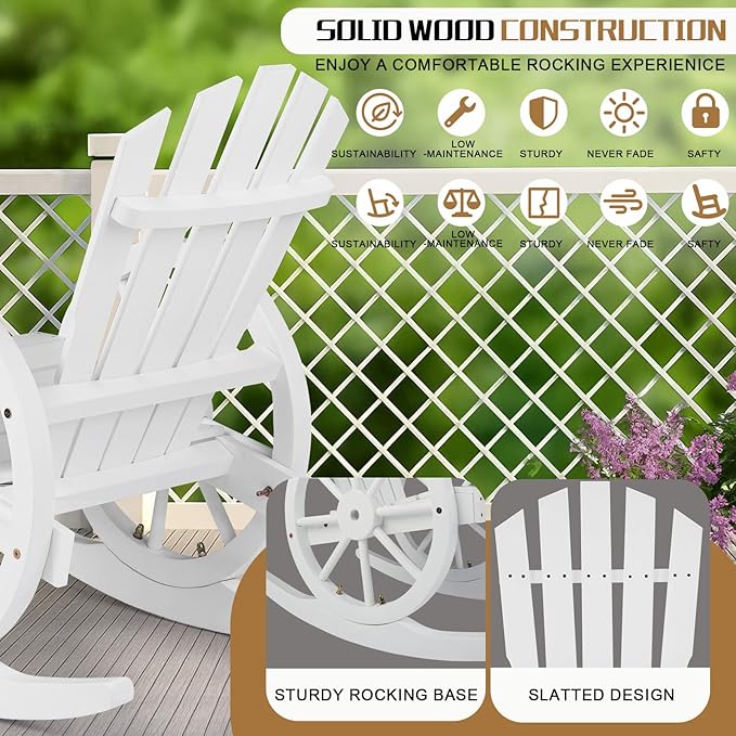 Outvita Adirondack Rocking Chair, Wood Wagon Rocker, Outdoor Wooden Carbonized Lounge Chairs with Wheel Armrest for Garden Patio Country Yard Porch(White)