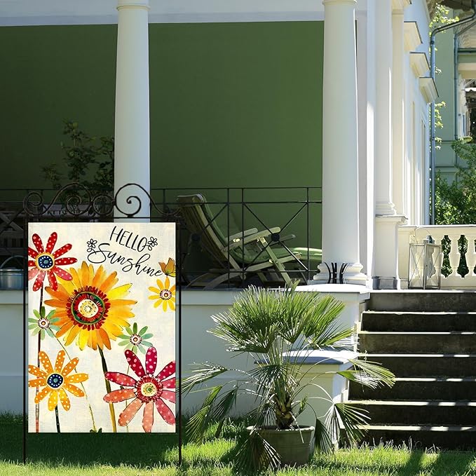Spring Flowers House Flags for Outdoor, Hello Sunshine Sunflower Daisy Yard Flags for Outside,Summer Seasonal Decorative Flag for Farmhouse Holiday Decoration 28x40 Inch Double Sided