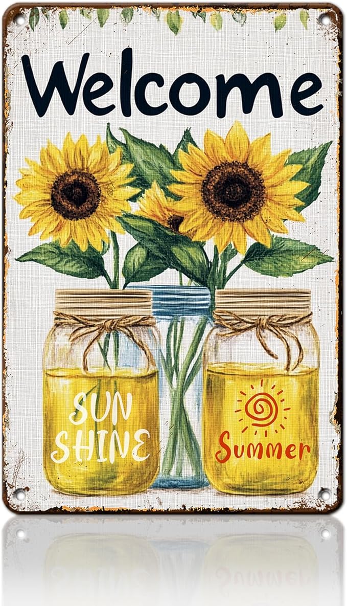 Summer Welcome Sign Wall Art Decor Welcome Floral Ornaments Iron Plaque Sign for Club Bar Garage Wall Decor 12x16inch