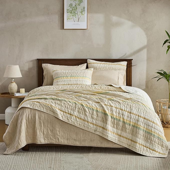 Wonderful 100% Cotton Quilt Set King Size Fall Bedding Set Natural Dyed, Cozy & Breathable Striped Coverlet, Soft Pre-Washed Bedspread with Shams (Light Yellow/Green Stripe)