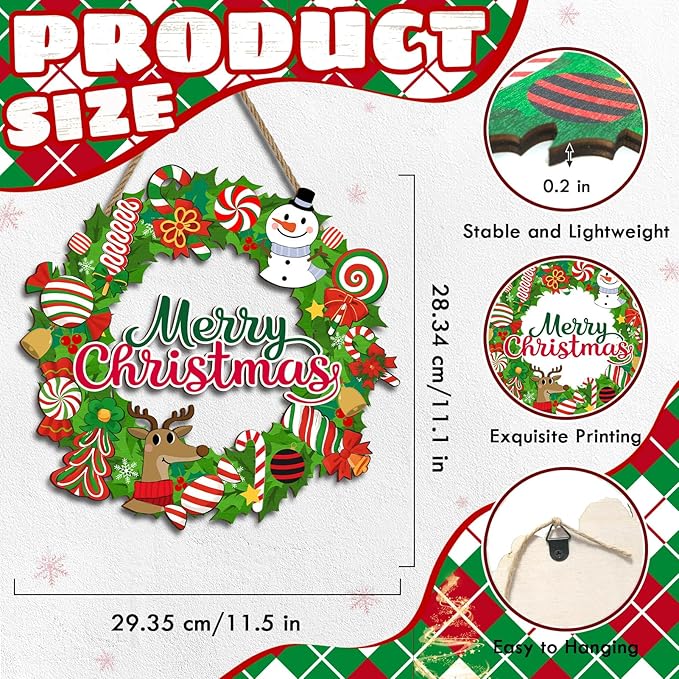 Christmas Candy Wreath Welcome Sign for Front Door Decor, Snowman Reindeer Wooden Hanging Plaque Farmhouse Rustic Outdoor Indoor Wall Decoration for Home Porch Yard Winter Decor