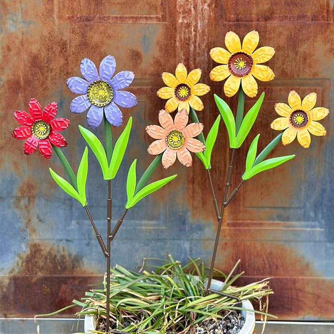 Metal Flowers for Outside,2 Pack Large Colorful Decorative Garden Stakes Yard Art,Spring Garden Decor for Lawn, Pathway & Garden(21.9 * 12IN)