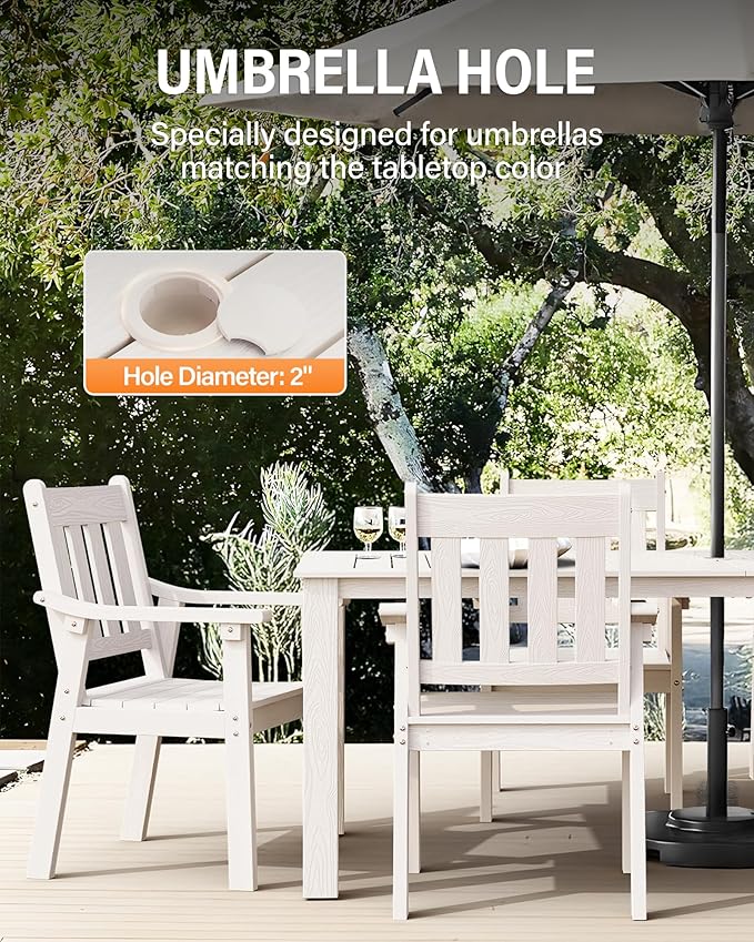 YEFU HIPS Patio Table Set: 5 Piece Outdoor Table and Chairs Dining Furniture Set with Umbrella Hole - White Modern Plastic Dining Sets 4 Person for Outside Deck with Metal Aluminum Frame