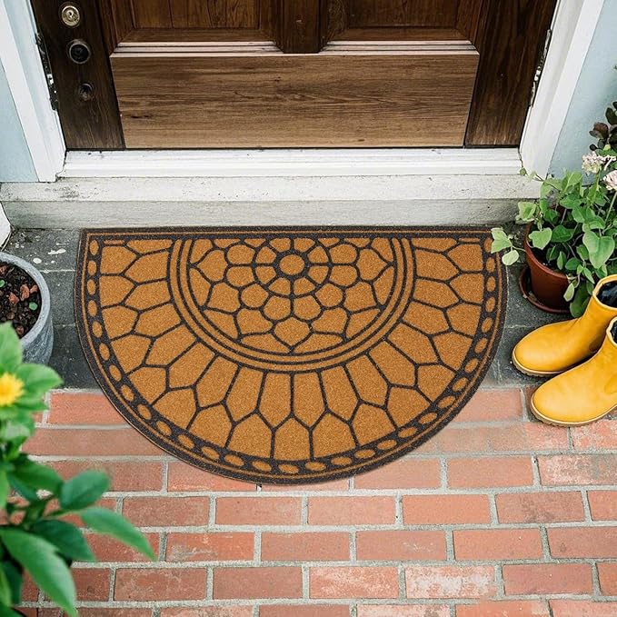 Half Circle Door Mat Outdoor, Front Door Rug Indoor Outside Entrance, Dirt Trapper Coir Doormat with Non Slip Backing, Half Round Rug for Entryway, 24x36, Brown