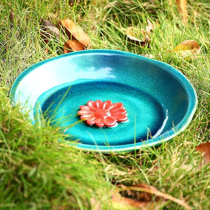 Topadorn Birdbath Ceramic Bowl Decor for Bee Bird Bath Outdoor Garden Vintage Yard ,Blue with Red Flower